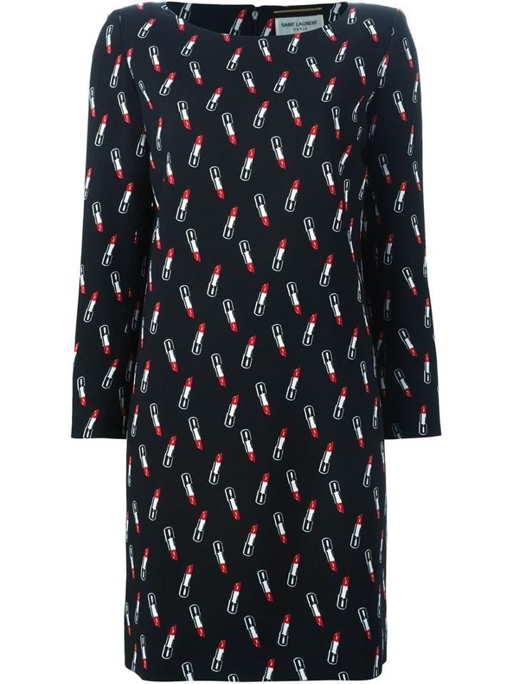 Saint Laurent Lipstick Print Shift Dress, Women's, Size: 42, Black, Silk/viscose