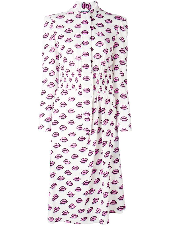 Prada Lip Print Shirt Dress, Women's, Size: 38, White, Silk/spandex/elastane/cupro/viscose