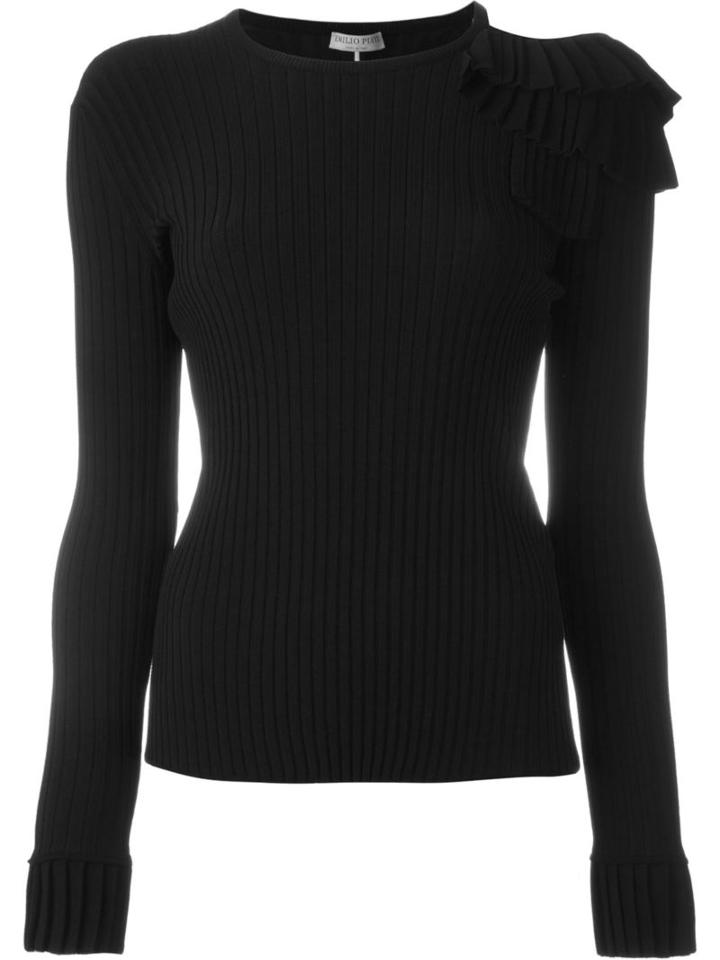 Emilio Pucci Ruffle Detail Ribbed Top, Women's, Size: Small, Black, Polyester/rayon
