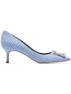 Manolo Blahnik White And Navy Hangisi 50 Gingham Cotton Pumps - Blue