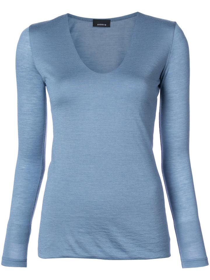 Akris - V-neck Slim-fit Longsleeved T-shirt - Women - Silk/cashmere - 12, Blue, Silk/cashmere