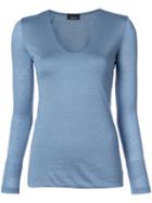 Akris - V-neck Slim-fit Longsleeved T-shirt - Women - Silk/cashmere - 12, Blue, Silk/cashmere