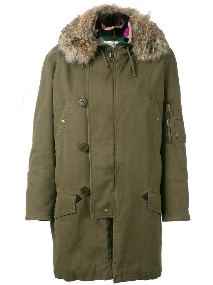 Saint Laurent Real Fur Collar Parka, Women's, Size: 36, Green, Cotton/ramie/coyote Fur/cotton