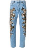 Moschino Animal Print Appliqué Cropped Jeans - Blue