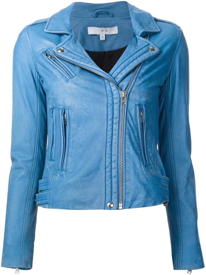 Iro Leather Biker Jacket, Women's, Size: 42, Blue, Rayon/lamb Skin