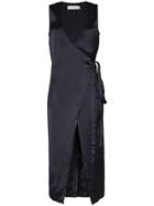 A Plan Application V-neck Satin Wrap Dress - Blue