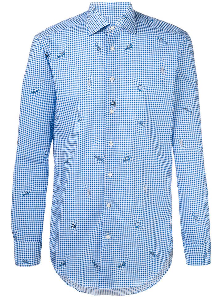 Etro - Checked Fish Print Shirt - Men - Cotton - 41, Blue, Cotton