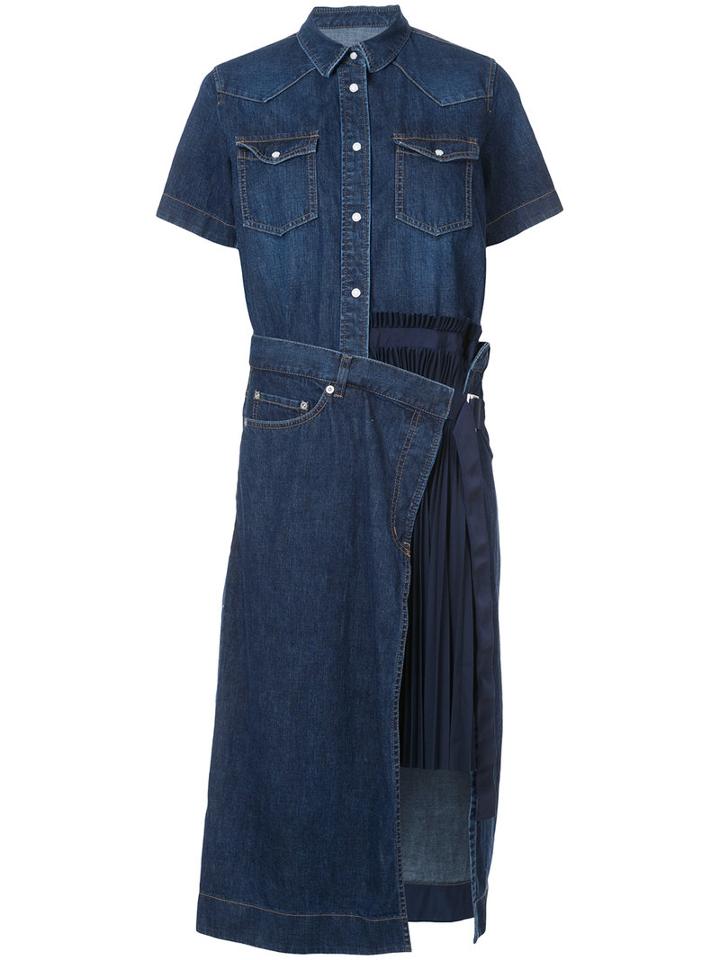 Sacai - Denim Pleated Panel Shirt Dress - Women - Cotton/polyester - 1, Blue, Cotton/polyester