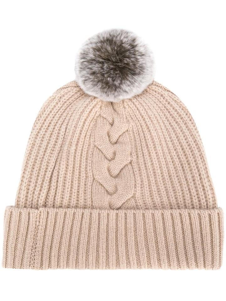 N.peal Fur Bobble Cable Beanie - Neutrals