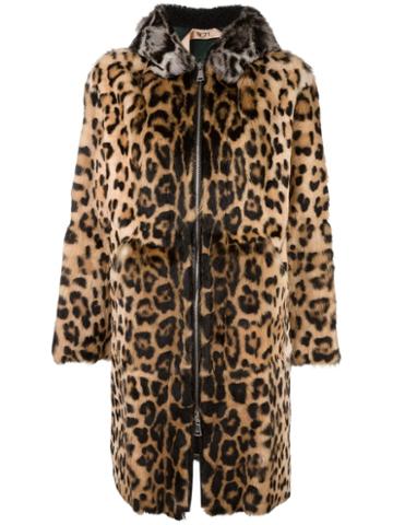 No21 Leopard Print Hooded Coat, Women's, Size: 42, Brown, Lamb Skin/rabbit Fur