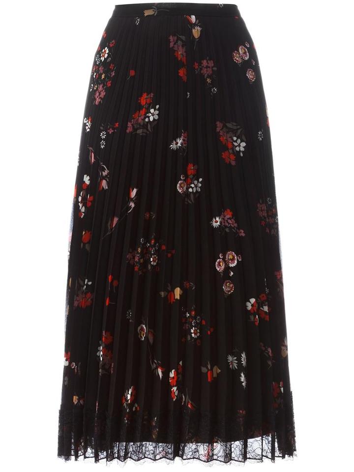 Red Valentino Floral Print Pleated Skirt, Women's, Size: 42, Black, Polyester