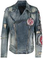 Balmain Patch Embroidered Denim Biker Jacket - Blue