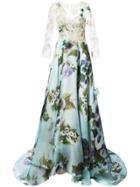 Marchesa Lace Panel Flared Gown - Blue