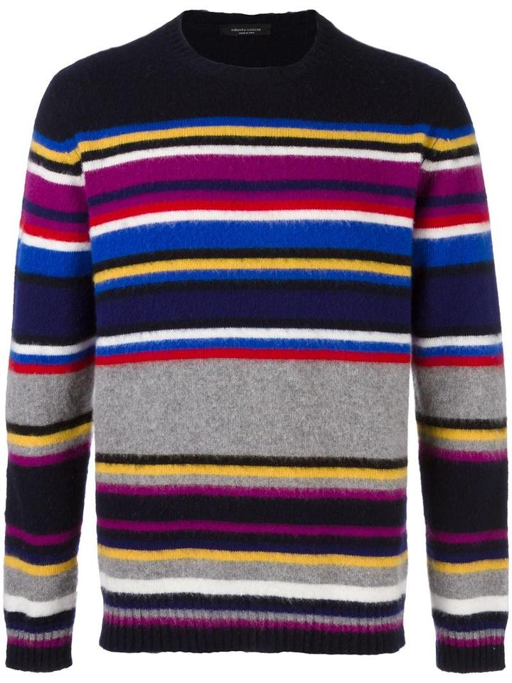 Roberto Collina Striped Crew Neck Sweater, Men's, Size: 52, Blue, Merino