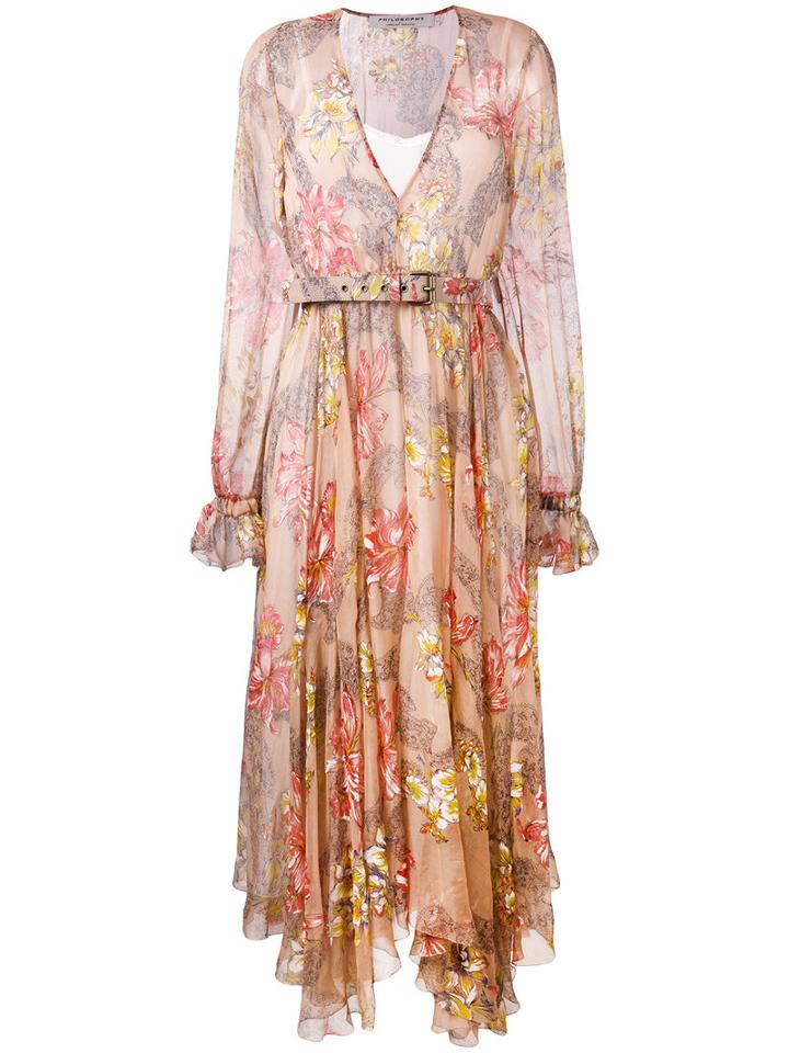 Philosophy Di Lorenzo Serafini - Floral Print Midi Dress - Women - Silk/polyester - 46, Women's, Nude/neutrals, Silk/polyester
