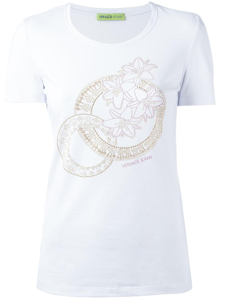 Versace Jeans Floral Beads T-shirt, Women's, Size: 40, White, Cotton/spandex/elastane