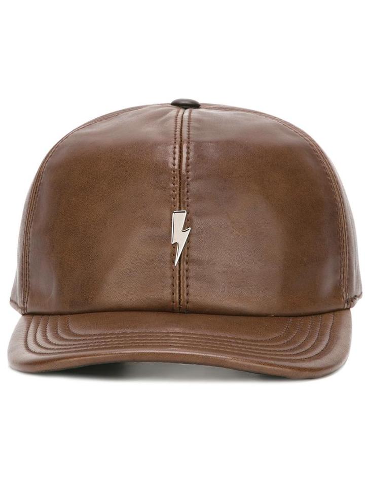 Neil Barrett Lightning Bolt Baseball Cap, Men's, Brown, Lamb Skin/cotton