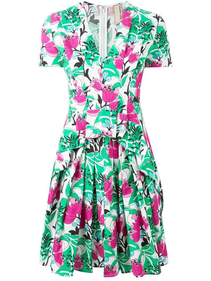 Antonio Marras Floral Print Pleated Dress, Women's, Size: 42, Green, Cotton