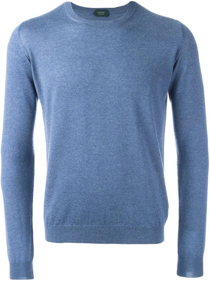 Zanone Crew Neck Jumper, Men's, Size: 46, Blue, Cashmere