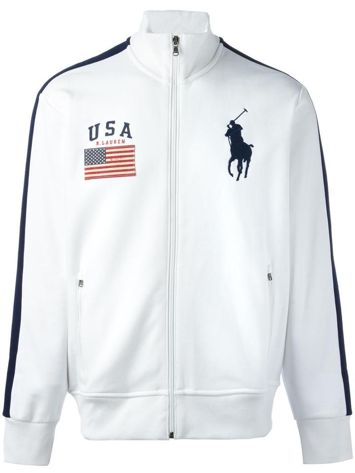 Polo Ralph Lauren Stripe Detail Flag Patch Cardigan, Men's, Size: Medium, White, Cotton/polyester