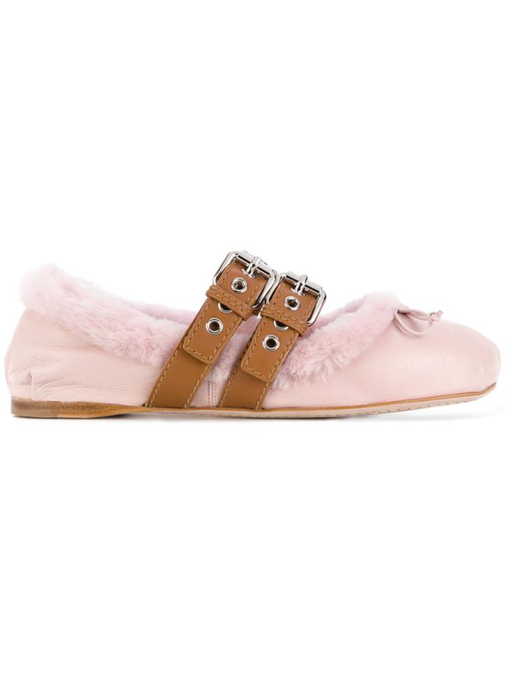 Miu Miu Furry Trim Buckled Ballerinas - Pink & Purple