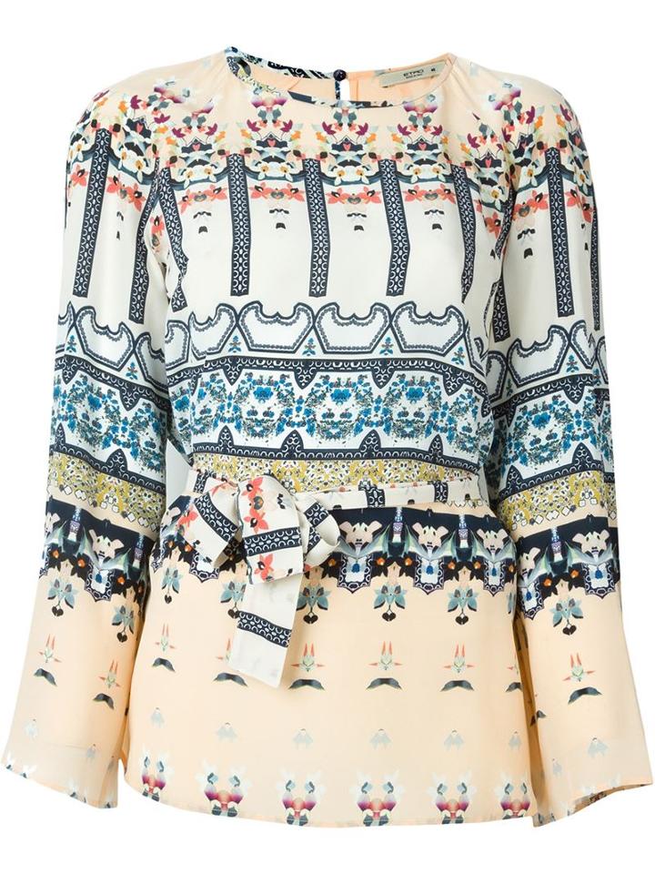 Etro Printed Belted Blouse, Women's, Size: 46, White, Silk