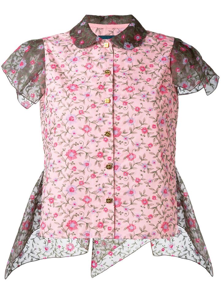 Kolor - Cap Sleeve Floral Shirt - Women - Cotton/polyester - 2, Pink/purple, Cotton/polyester