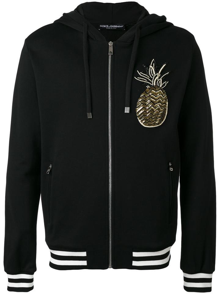Dolce & Gabbana Pineapple Patch Zip Hoodie, Men's, Size: 50, Black, Cotton/glass/silk