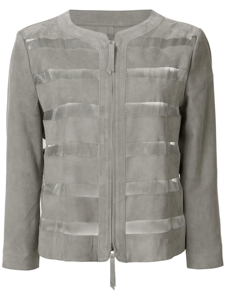 Armani Collezioni Sheer Stripes Collarless Jacket, Women's, Size: 44, Grey, Viscose/polyester/goat Suede/silk