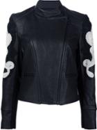 Yigal Azrouel Paisley Applique Biker Jacket, Women's, Size: 4, Black, Lamb Skin