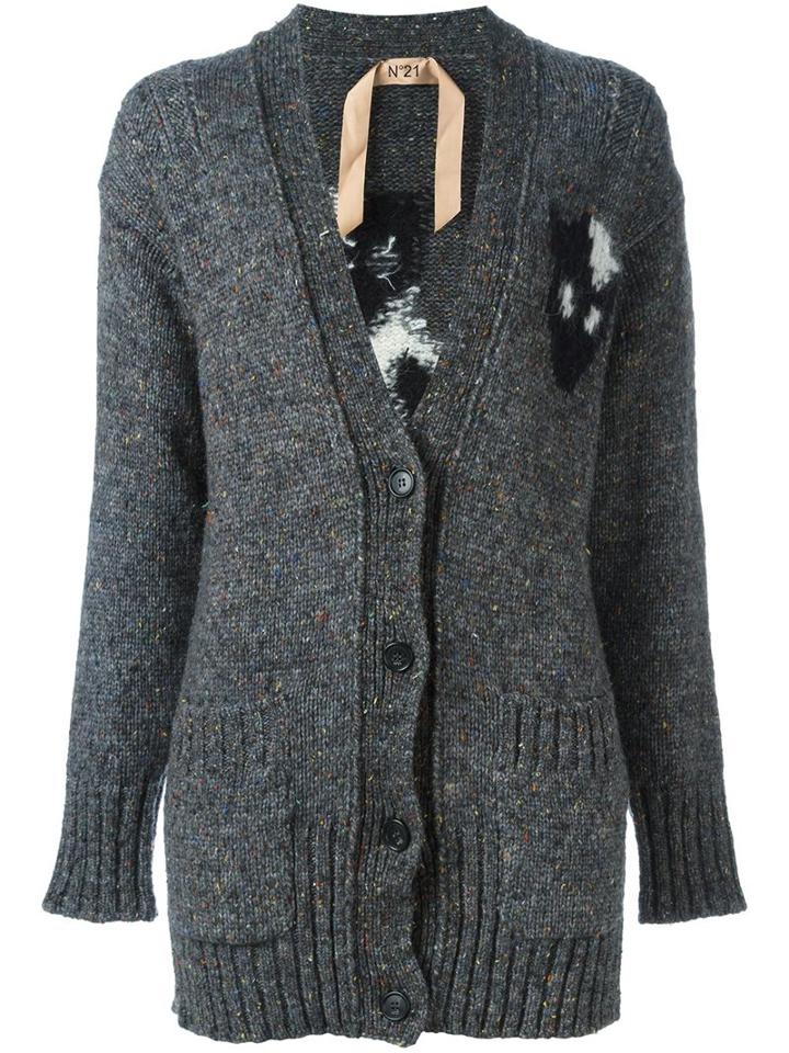 No21 Cat Print Cardi-coat, Women's, Size: 42, Grey, Silk/polyamide/wool