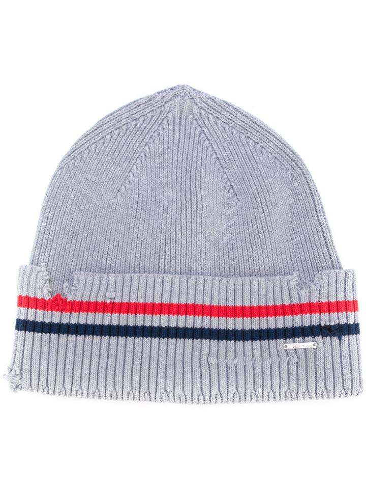 Diesel Distressed Striped Beanie - Grey