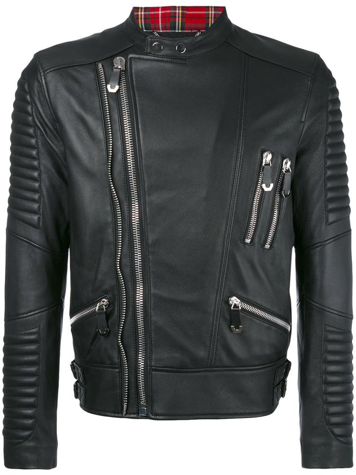 Philipp Plein - Tartan Trim Biker Jacket - Men - Leather/polyamide/polyester - Xl, Black, Leather/polyamide/polyester
