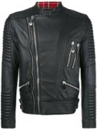 Philipp Plein - Tartan Trim Biker Jacket - Men - Leather/polyamide/polyester - Xl, Black, Leather/polyamide/polyester