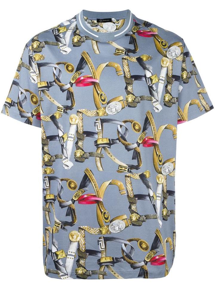Versace Belt Print T-shirt, Men's, Size: Large, Grey, Cotton
