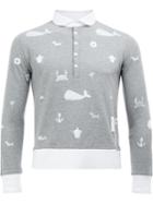 Thom Browne Long Sleeve Polo Shirt, Men's, Size: 2, Grey, Cotton