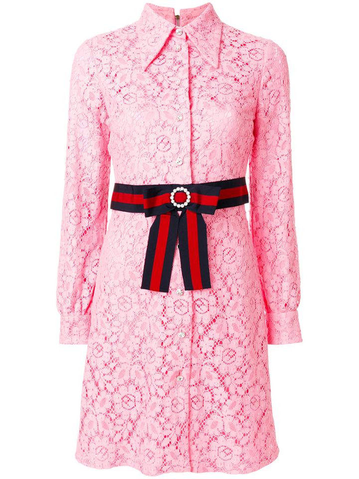 Gucci Cluny Lace Dress With Web Waistband - Pink & Purple