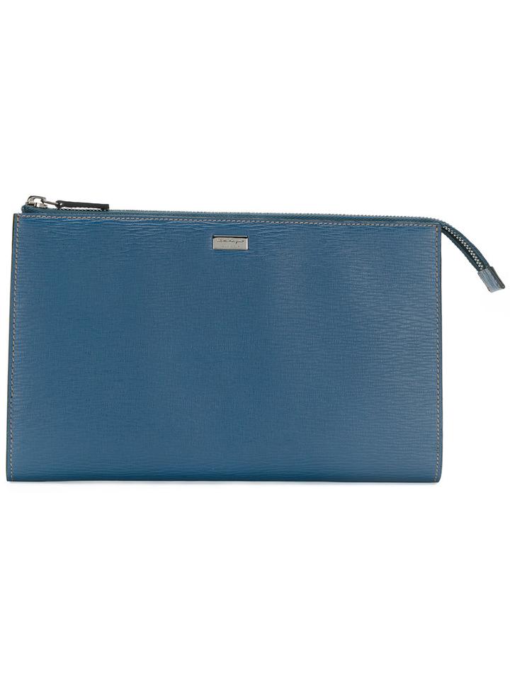 Salvatore Ferragamo - Zip Clutch - Men - Calf Leather - One Size, Blue, Calf Leather