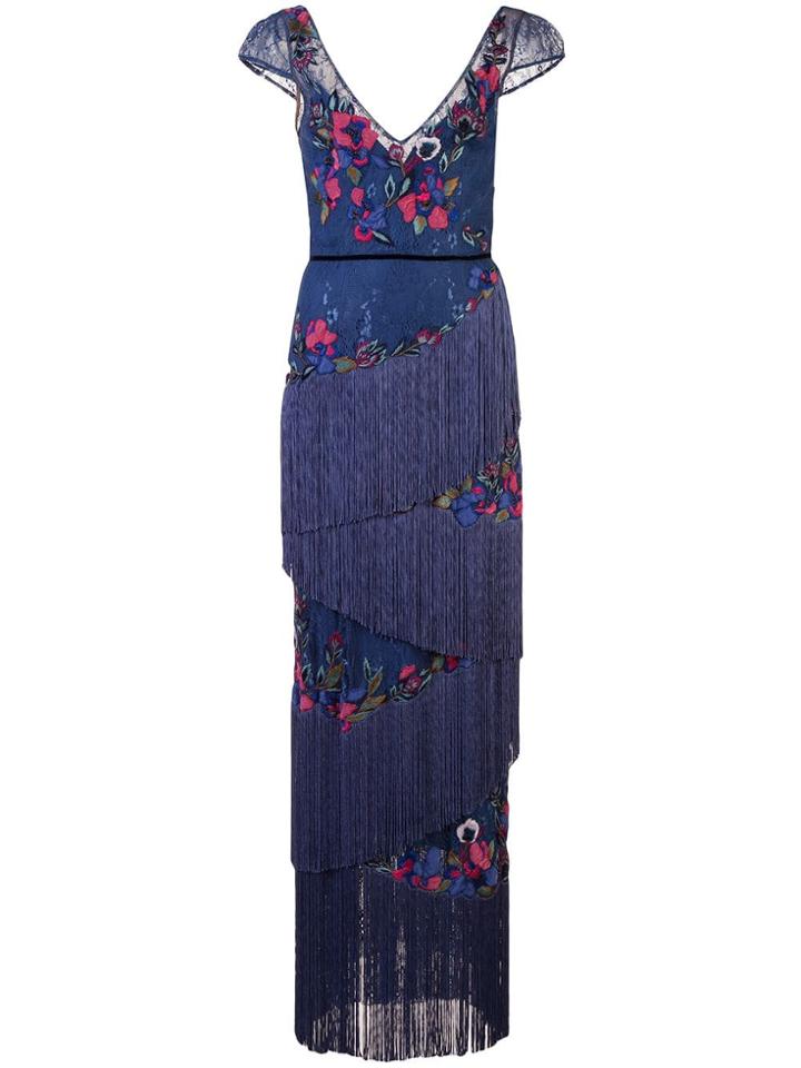 Marchesa Notte Fringe & Lace Detailed Gown - Blue