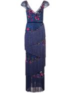 Marchesa Notte Fringe & Lace Detailed Gown - Blue