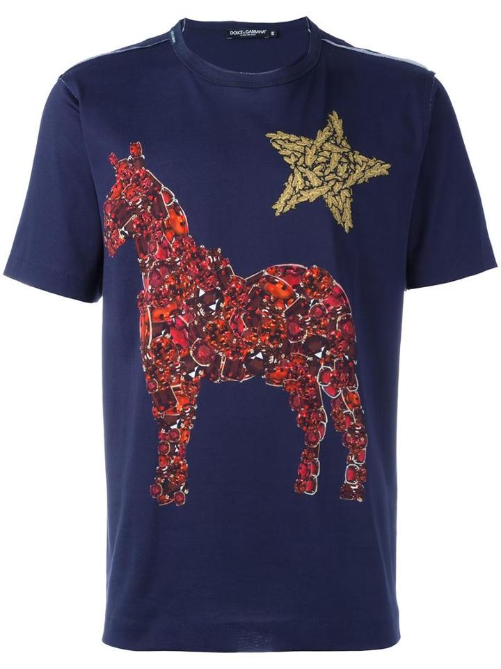 Dolce & Gabbana Crystal Horse Print T-shirt, Men's, Size: 52, Blue, Cotton