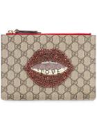 Gucci - Embellished 'gg Supreme' Fabric Pouch - Women - Leather/polyurethane/brass/glass - One Size, Brown, Leather/polyurethane/brass/glass