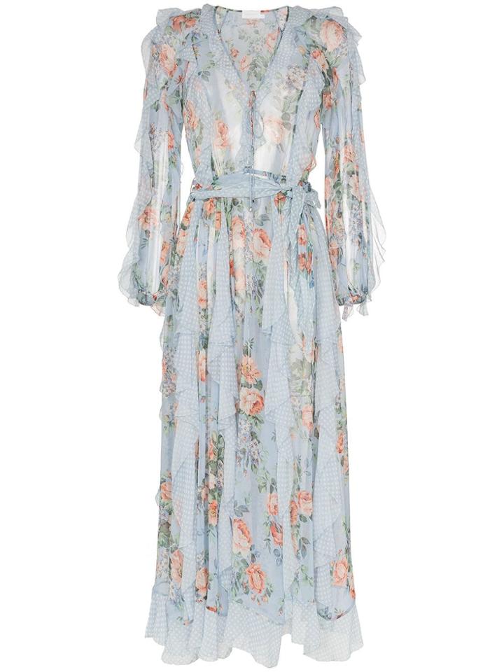 Zimmermann Floral Print Waterfall Detail Silk Dress - Blue