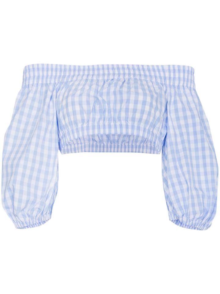 Adam Selman Gingham Bardot Cotton Cropped Top - Blue