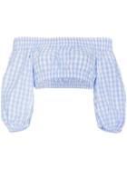 Adam Selman Gingham Bardot Cotton Cropped Top - Blue