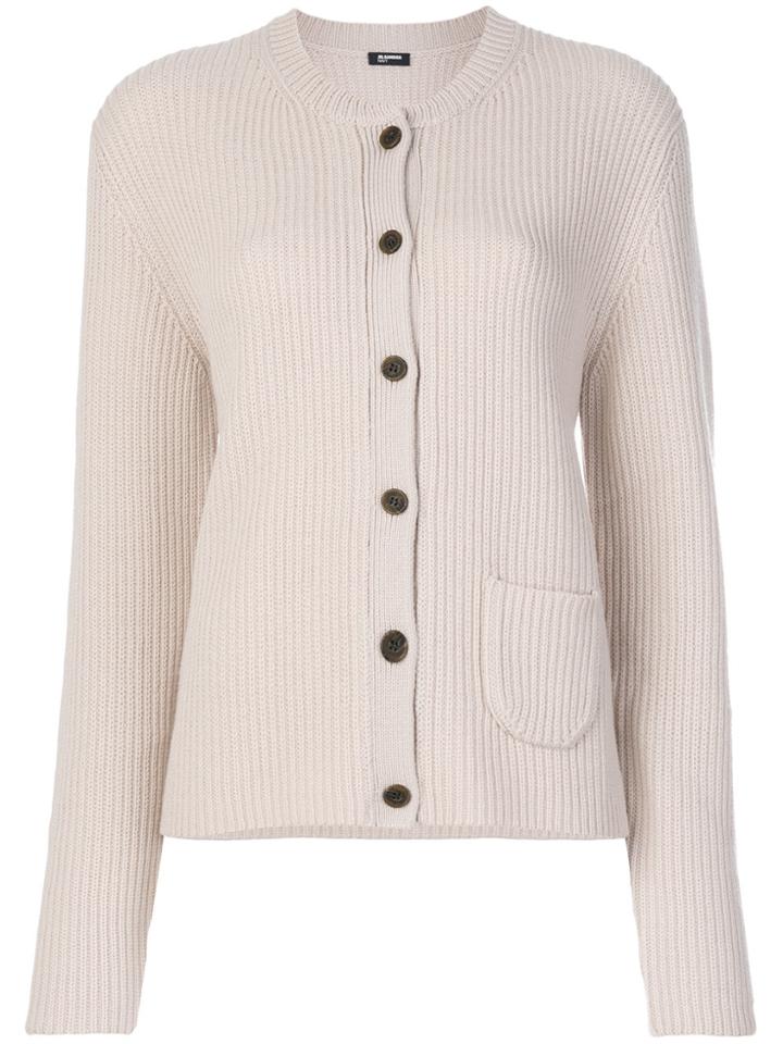 Jil Sander Navy Ribbed Round Neck Cardigan - Pink & Purple