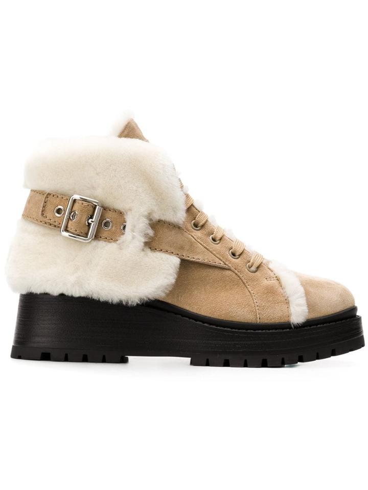 Miu Miu Sheepskin Platform Booties - Neutrals