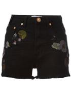 One Teaspoon Birds Of Paradise Embroidered Denim Shorts, Women's, Size: 24, Black, Cotton