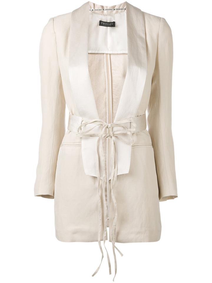 Twin-set - Longline Belted Blazer - Women - Viscose/linen/flax/acetate/polyester - 44, Nude/neutrals, Viscose/linen/flax/acetate/polyester