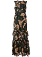 Three Floor Embroidered Tiered Dress - Black